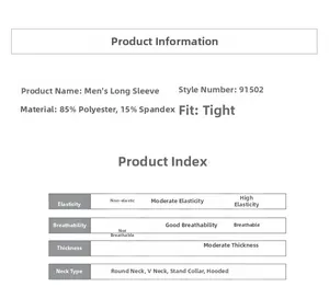 Size chart showing 85% polyester and 15% spandex material for men's slim fit sports top