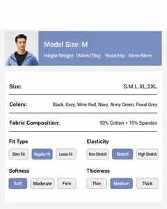 Size chart for men fitness jacket showing fabric specs and athlete model measurements