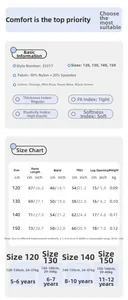 Detailed size chart for boys athletic leggings showing measurements and fabric specifications