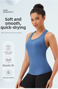 Dettaglio del gilet da yoga blu ad alta elasticità in tessuto traspirante anti-umidità