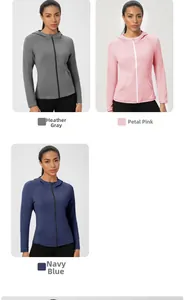 Détails des vestes de sport à capuche en gris chiné, rose pétale et bleu marine foncé
