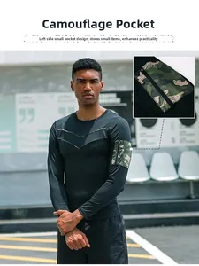Detail of men's quick-dry sports shirt featuring a camouflage zipper pocket and green trim