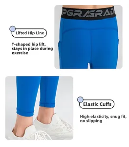 Detail of royal blue compression leggings with high-stretch fabric and elastic waist
