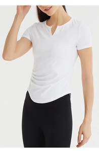 Slim fit white yoga T-shirt featuring a V-neck slit design and curved hemline