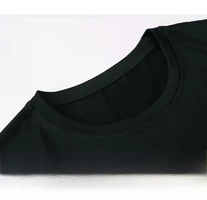 Detailed close-up of the elastic neckline and high-quality stitching on black sports top