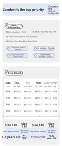 Detailed size chart for kids nylon compression leggings with measurements and fabric info