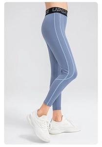 Detail showing high waist elastic band with text and grey blue leggings for girls