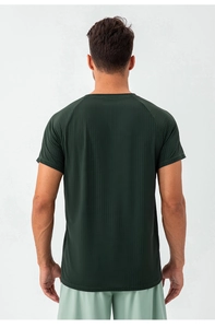 Rear view of men's dark green quick-dry sports t-shirt with raglan sleeves detail