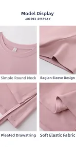 Detailed view of pink yoga crop top with round neck, raglan sleeves and side drawstrings