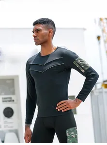 Men's compression fitness set featuring camouflage zipper pockets on sleeve and leg