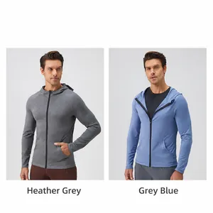 Detail of men's slim fit zip-up sports jackets in heather grey and blue-grey colors