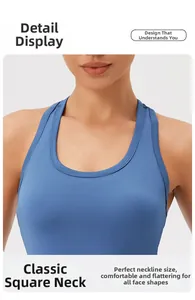 Dettaglio del top sportivo blu con trama in maglia e scollo quadrato classico