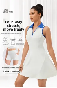Close-up of white tennis dress showing polo collar, zipper, and matching inner shorts