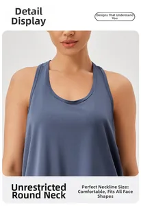 Detail van de marineblauwe yoga tanktop met ademende mesh-structuur en ronde hals