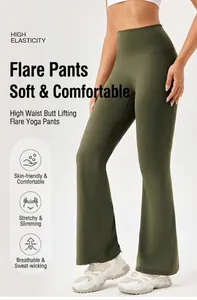 Detail of high waist flared yoga pants in olive green showing elastic quick-dry fabric