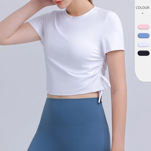 Women Yoga Sport Short Sleeve Quick-Dry Breathable Ruched Drawstring Crop Top For Fitness Running Workout Slim Fit Top
