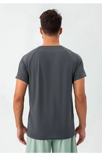 Rear view of men's quick-dry sport t-shirt with breathable mesh texture in dark grey