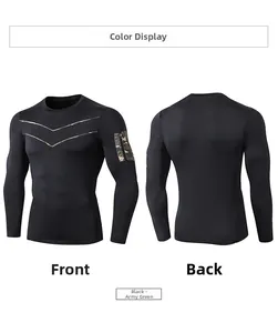 Front and back views of men's compression long sleeve shirt with camo zip pocket and V-patch