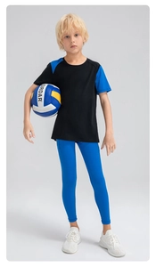 Detail of high-elasticity quick-dry boys' basketball leggings and blue athletic t-shirt