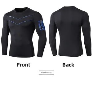 Front and back view of men's black compression shirt with blue V-pattern and arm pocket