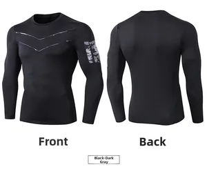 Front and back views of men's athletic compression shirt with grey camo sleeve pocket