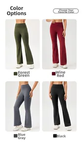 Detail view of yoga flare pants in Forest Green, Wine Red, Blue Grey, and Black colors