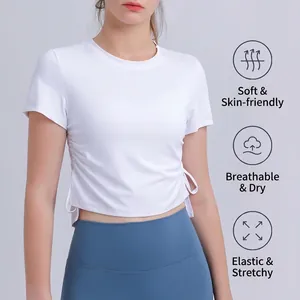 Women's quick-dry yoga set with adjustable drawstring white top and blue leggings