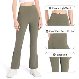 Pantalon de yoga évasé vert olive à taille haute avec coutures push-up et extensibles