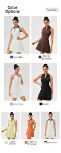 Collage of sleeveless tennis dresses in seven colors with polo collars and zip fronts