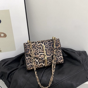 Mode Leopardmuster Damen Schultertasche PU Leder Goldkette Umhängetasche Fransen Unterarm Klapptasche Urban Trendy Handtasche
