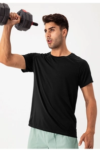 Close-up of black breathable mesh fabric on men's quick-dry sports t-shirt detail