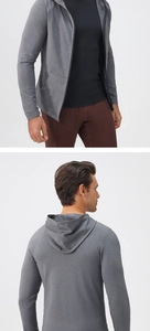 Front and back views of gray zip-up hooded sports jacket with breathable knit texture