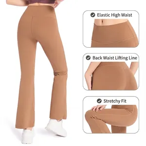 Pantalon de yoga évasé taille haute pour femme marron café avec couture push-up et stretch