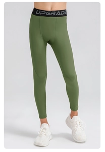 Détails de leggings de compression garçon avec taille élastique et tissu extensible vert olive