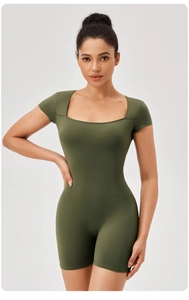 Front view of army green square neck athletic bodysuit with tight fit short sleeves