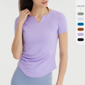 Women Ruched Side Yoga T-Shirt Slim Fit V Neck Sport Tee Quick Dry Breathable Running Gym Top Polyester Spandex Workout Shirt