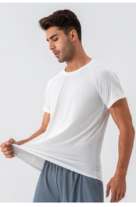 Detailed view of white breathable mesh fabric with high elasticity on men's sports t-shirt