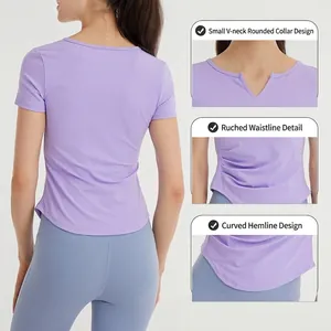 Slim fit lavender yoga t-shirt with side ruching and moisture-wicking fabric for women