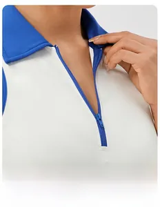 Detail of zip-up polo collar and sleeveless armhole on white and blue tennis dress