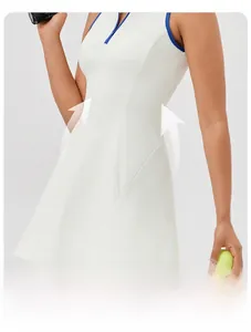 Detail of white tennis dress with blue trim, metal zipper and slim-fit waist design