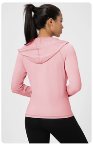 Sweat à capuche de yoga rose ajusté avec tissu élastique et séchage rapide, vue de dos