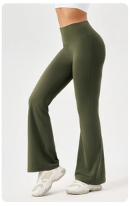 Detail view of olive green high-waisted flare yoga pants showing supportive fabric