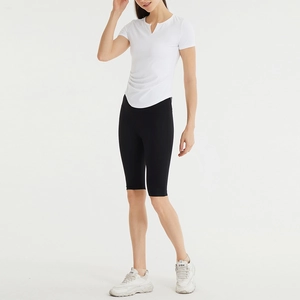 Slim fit white yoga T-shirt and black cycling shorts sports set for women fitness