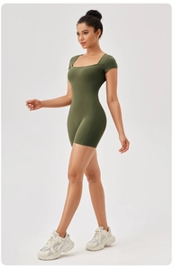 Close-up of olive green skin-friendly yoga bodysuit with square neck and slim fit short sleeves