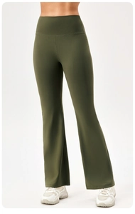 Detail view of high waisted flared yoga pants in olive green with slim fit design