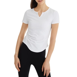 Slim fit white yoga t-shirt for women with ruched side details and a small v-neckline