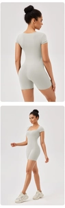 Detail view of the back and side profile of a slim-fit square neck yoga bodysuit