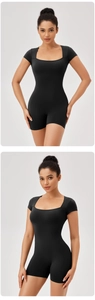 Close-up of black square-neck athletic romper with slim-fit design and elastic fabric