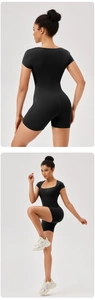 Detailed views of black short sleeve yoga bodysuit with square neck and U-back design