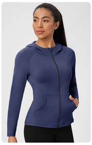 Détails de la veste de yoga bleu foncé slim avec capuche et fermeture éclair complète